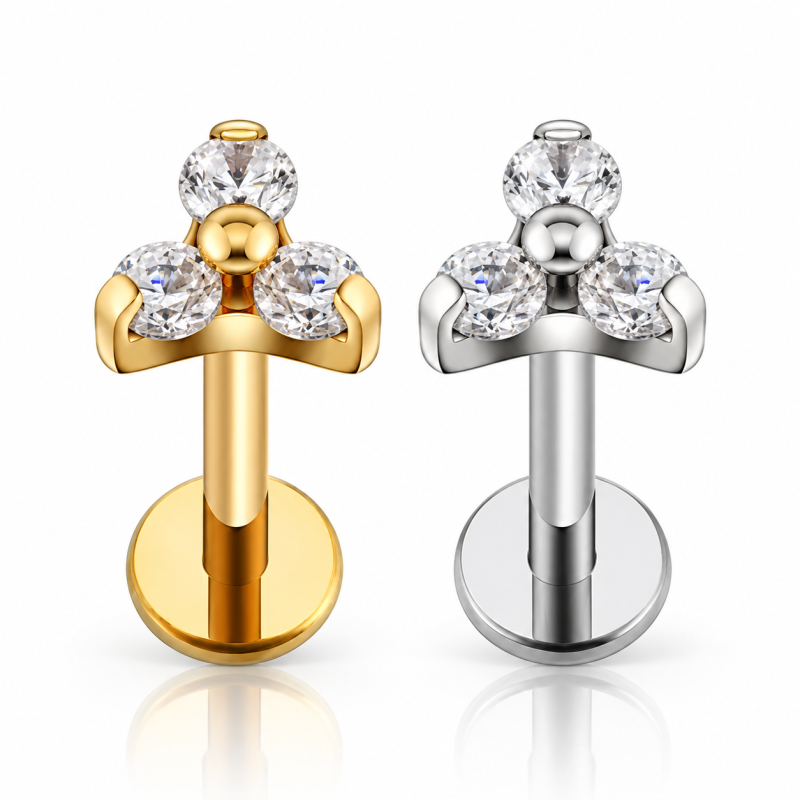 Piercing de Tragus Labret Trillion com Zircônias  - Titânio PVD Gold - 7TRG202