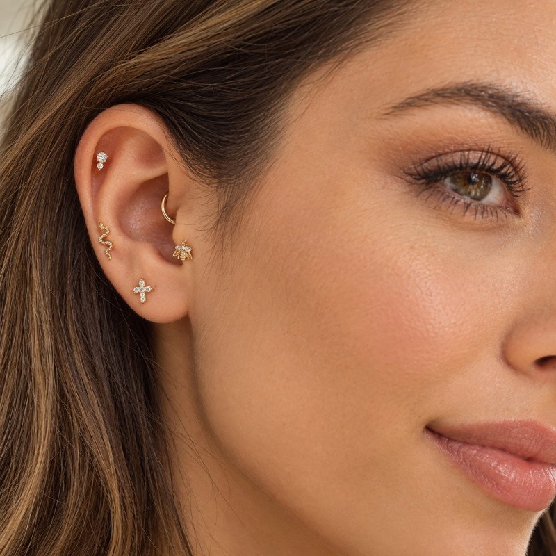 Piercing de Tragus Labret Diamante com Zircônias  - Titânio PVD Gold - 7TRG207